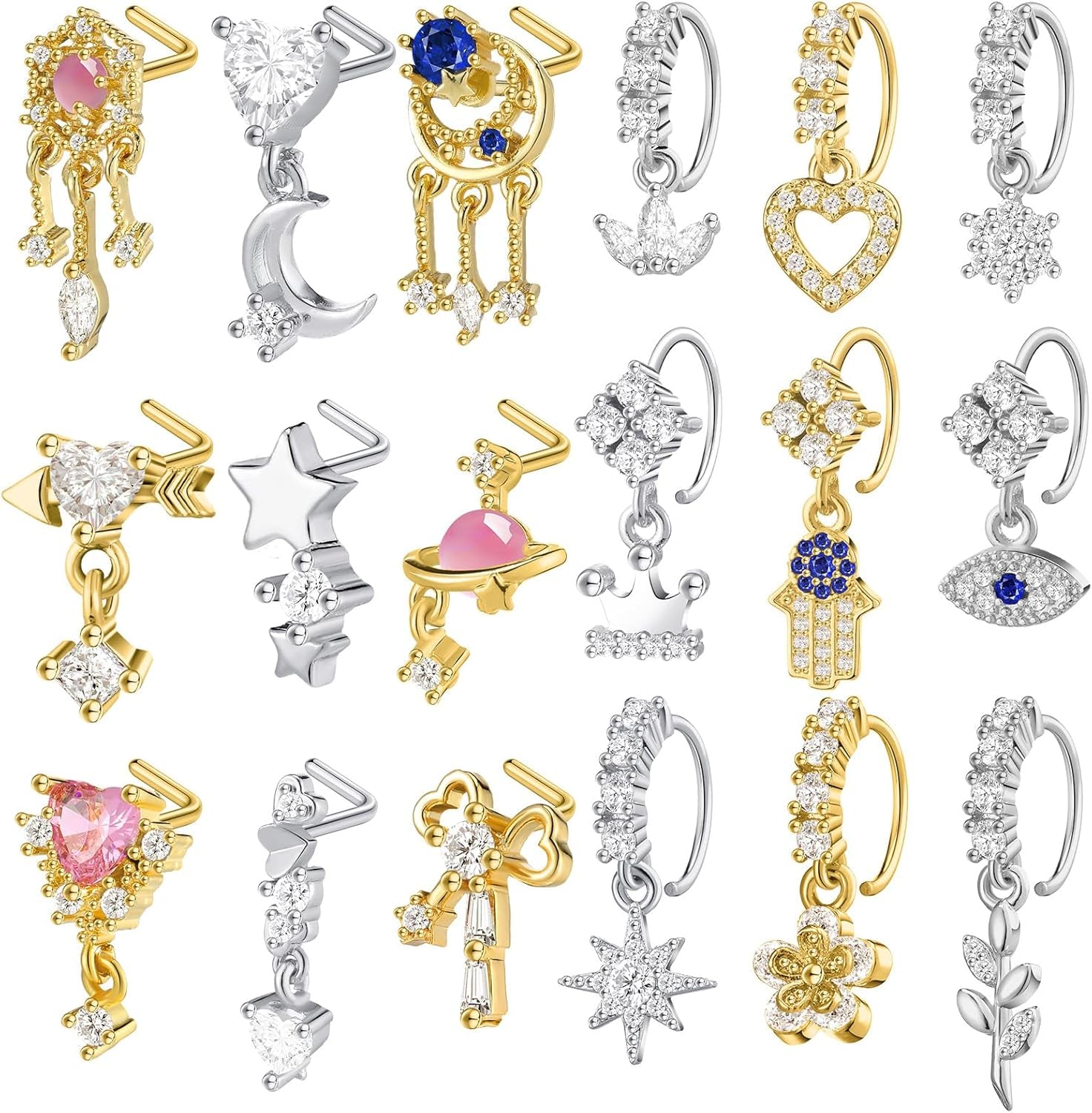 Junkin 18 Pcs 20G Nose Rings Dangle for Women Christmas Nose Rings Gifts L Shaped Stud Hoop Cute Star Heart round Jewelry Dangle Studs Ring for Women Girl Wife Gifts(Gold)