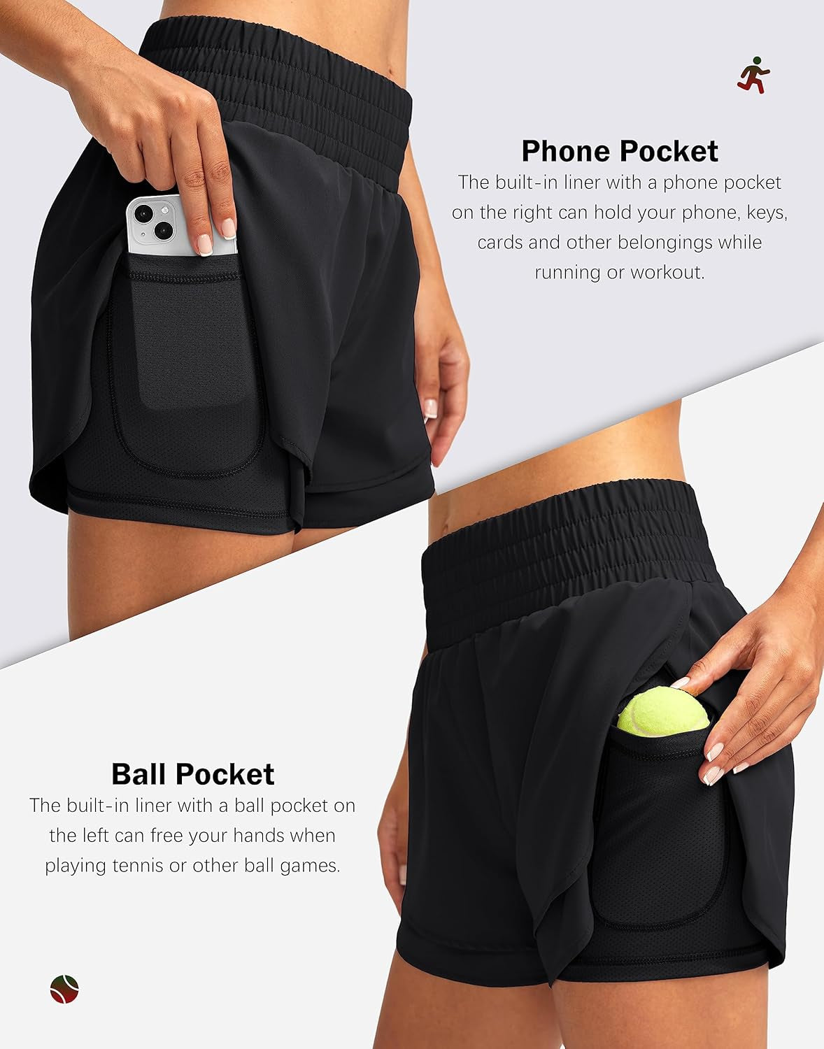 Back view of women's 2-in-1 running shorts showing high waisted coverage and support