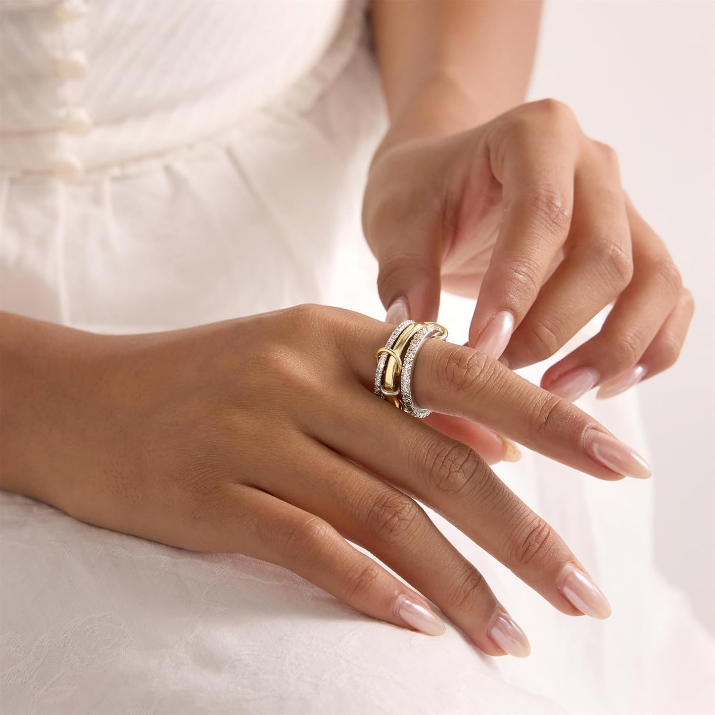 18K Gold Plated Stackable Rings for Women Non Tarnish, 3 Rings Interlocking Ring Stack Set with Cubic Zirconia, Dainty Statement Connected Mixed Metal Ring Band for Women