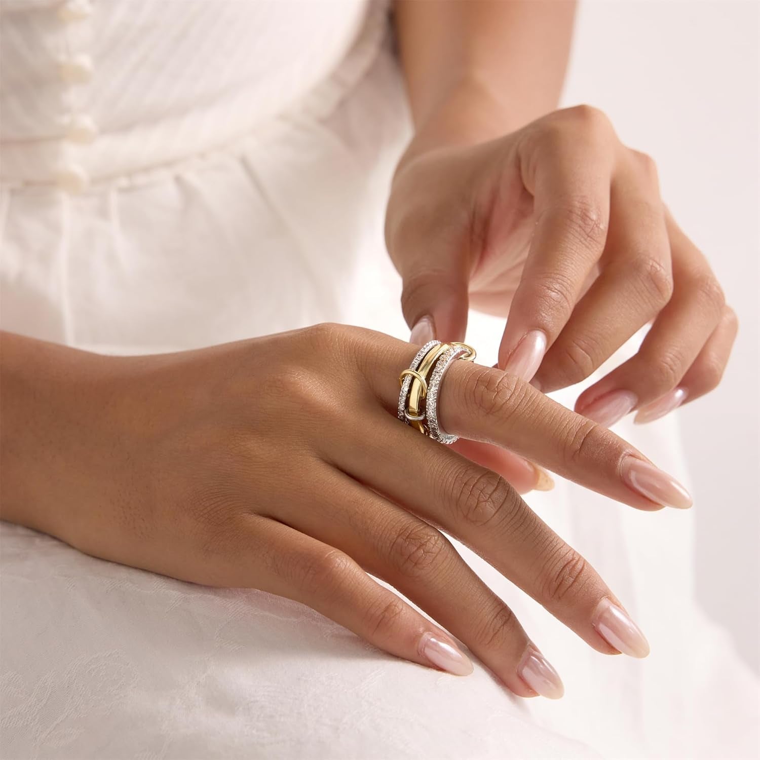 18K Gold Plated Stackable Rings for Women Non Tarnish, 3 Rings Interlocking Ring Stack Set with Cubic Zirconia, Dainty Statement Connected Mixed Metal Ring Band for Women