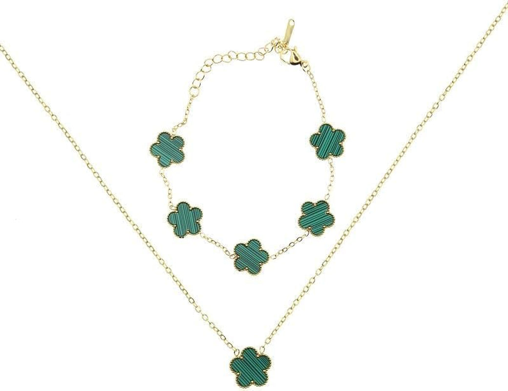 Clover Necklace and Bracelet Set for Women, 14K Gold Plated Green Clover Flower Pendant Chain, Adjustable Length, Elegant and Dainty, Perfect for Gifts, Parties, Dating, or Daily Wear.