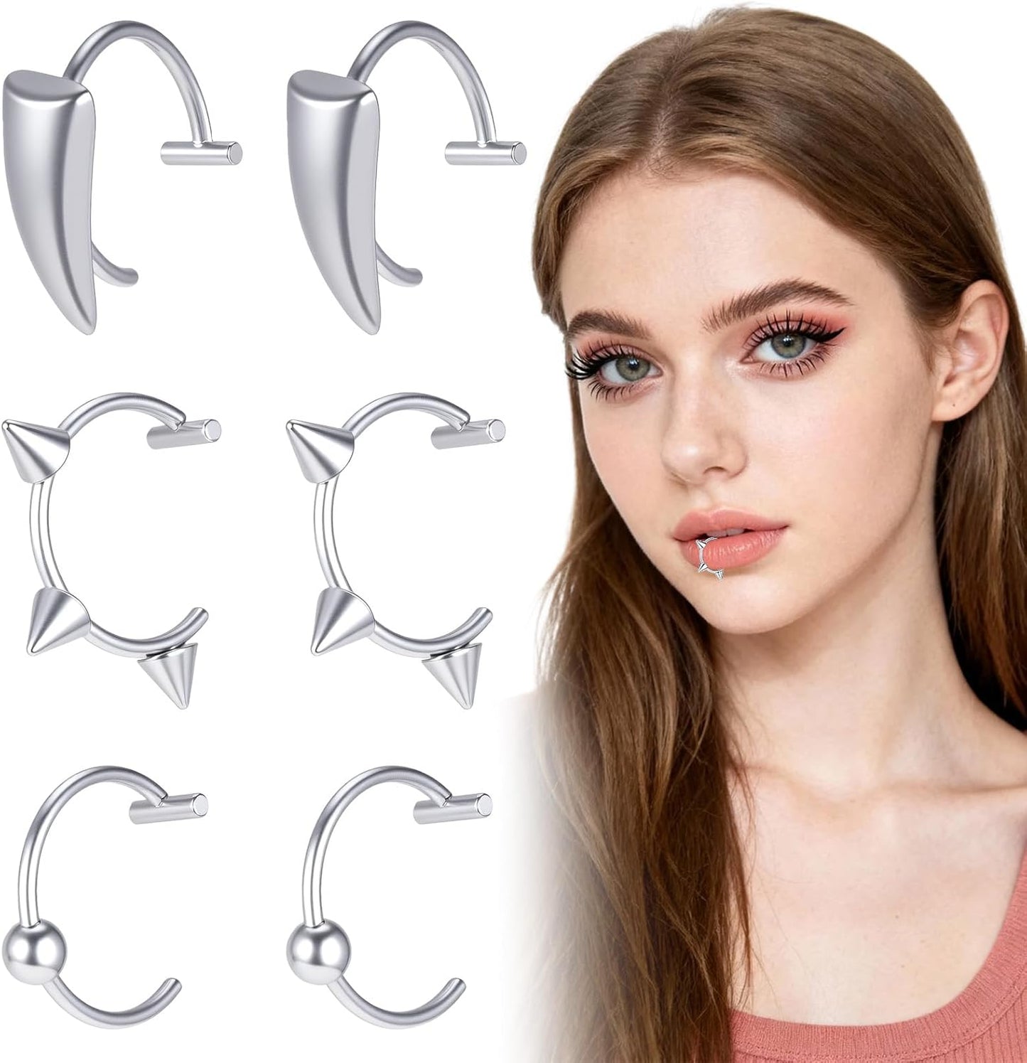 12 Pcs Wolf Teeth Ring Vampire Teeth Ring Stainless Steel Fake Lip Rings Non-Piercing Fake Ear Cuff Lip Cuff Septum Nose Rings for Halloween Accessories (Silver)