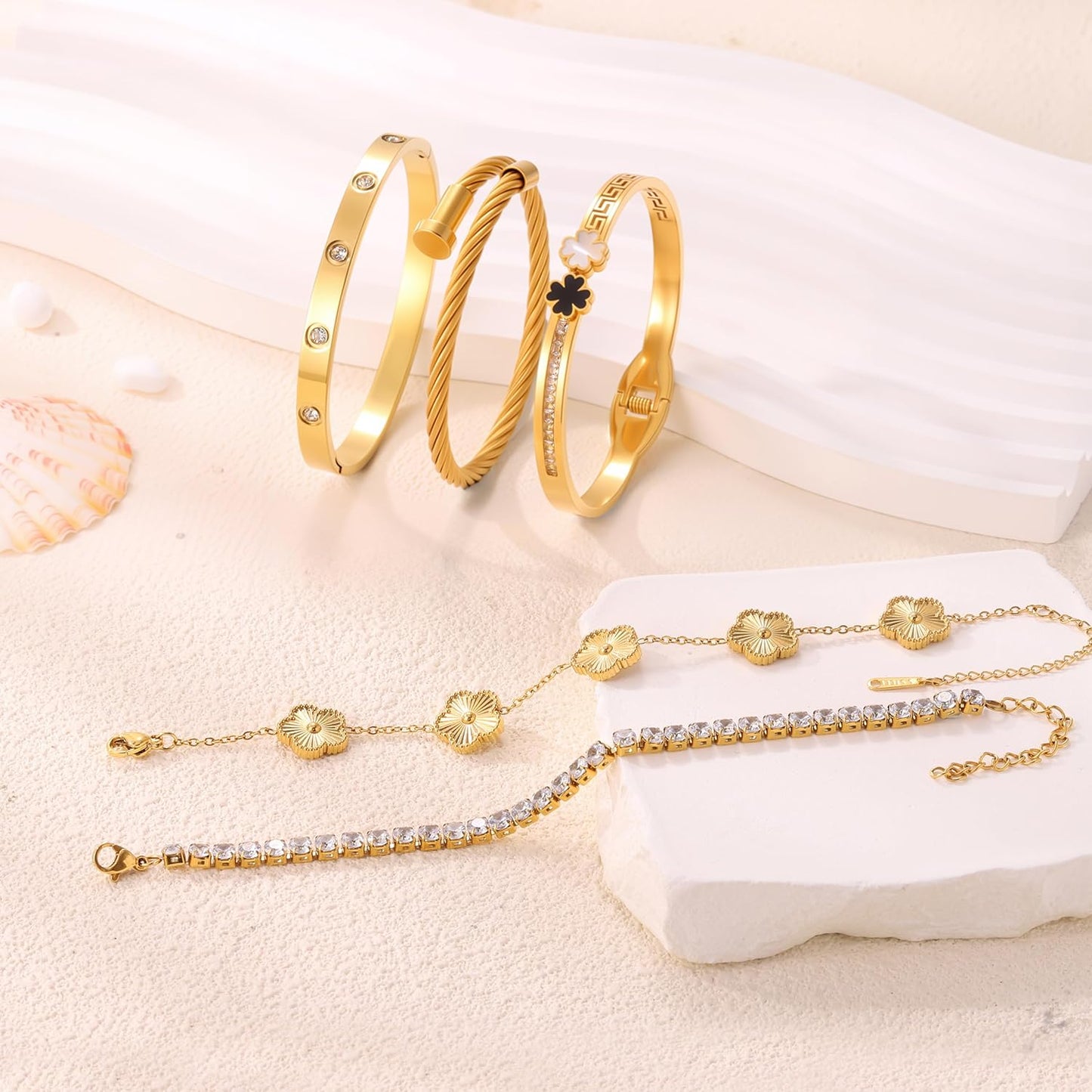 5Pcs Gold Stackable Bracelet Set for Women - Stainless Steel Non-Tarnish Clover Lucky Charm Jewelry, Trendy Gift for Girlfriend/Wife on Christmas Valentine’S Birthday