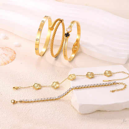 5Pcs Gold Stackable Bracelet Set for Women - Stainless Steel Non-Tarnish Clover Lucky Charm Jewelry, Trendy Gift for Girlfriend/Wife on Christmas Valentine’S Birthday