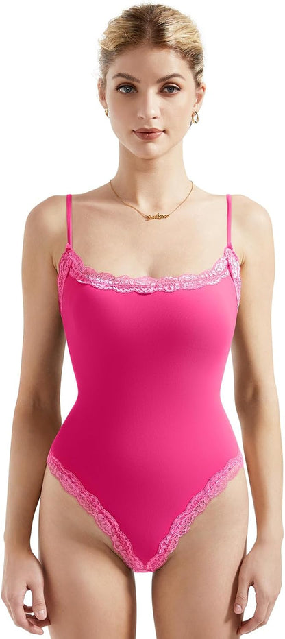 SUUKSESS Women Square Neck Lace Bodysuit Sleeveless Spaghetti Strap Tank Top