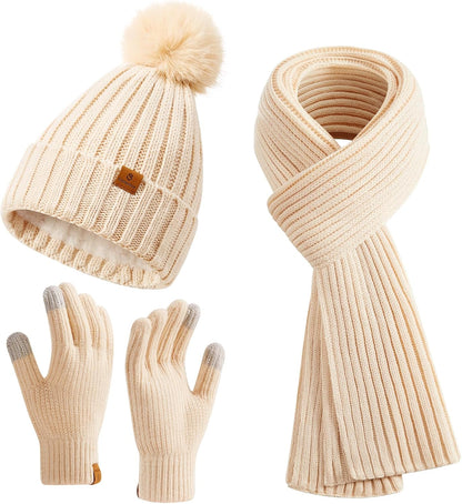 Coolprince Womens Long Scarf Gloves and Hat Set Cold Weather Hat Scarf Glove Set for Women Winter Beanie Hats with Pom Pom