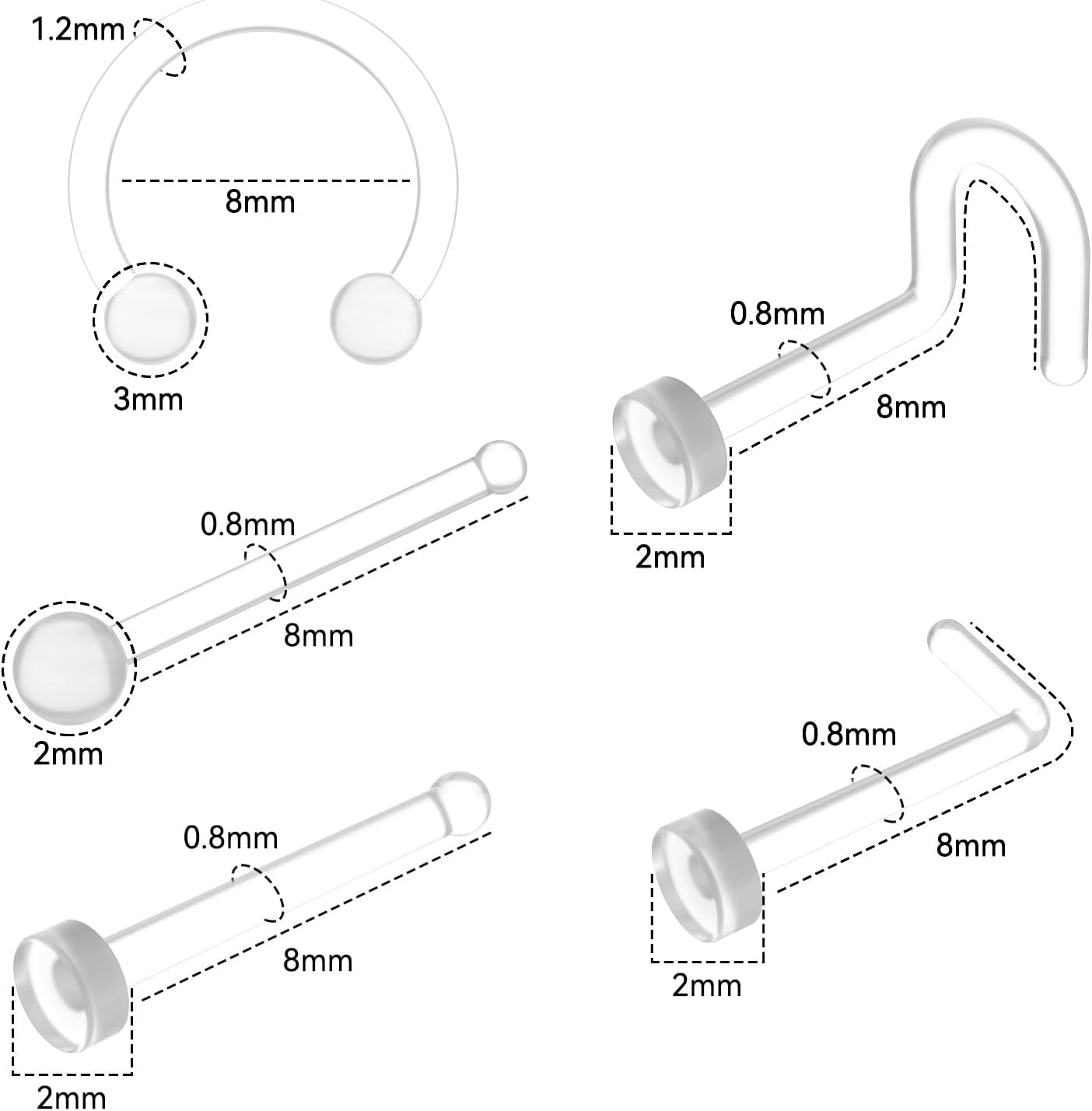 Bioflex Invisible Piercing Retainers 15Pcs, Medical Grade Clear Nose Rings for Surgery Work, Nose Lip Eyebrow Cartilage Retainer