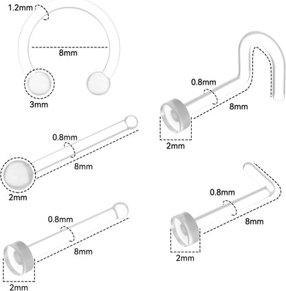 Bioflex Invisible Piercing Retainers 15Pcs, Medical Grade Clear Nose Rings for Surgery Work, Nose Lip Eyebrow Cartilage Retainer
