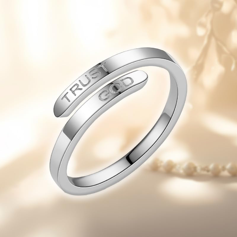 Adjustable religious ring worn on woman's hand silver finish
