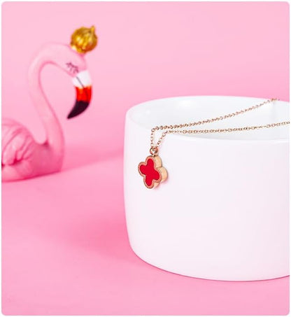 Reversible Clover Pendant Necklace – Titanium Steel Gold Chain – Black & Red Enamel – Four Leaf Lucky Charm Jewelry for Women