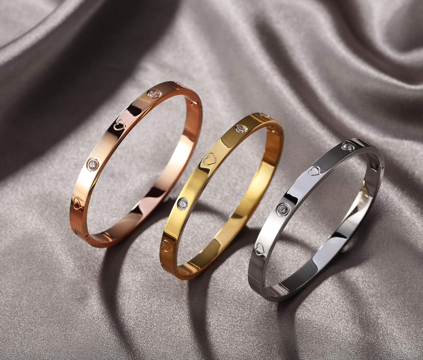 Christmas Gift MVCOLEDY Jewelry Gold /White Gold Plated Bangle Bracelet Heart Stone Stainless Steel with Crystal Bangle Bracelets for Women Jewelry Size 6.7 Inches