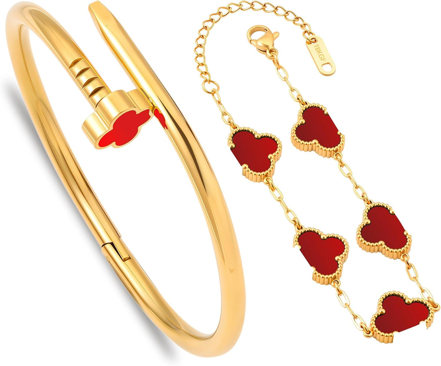 18K Gold Nail Bracelet for Women,Stackable Clover Bangle Bracelets -Stainless Steel Non-Tarnish Trendy Jewelry Christmas Valentines Birthday Gifts for Girlfriend Wife.