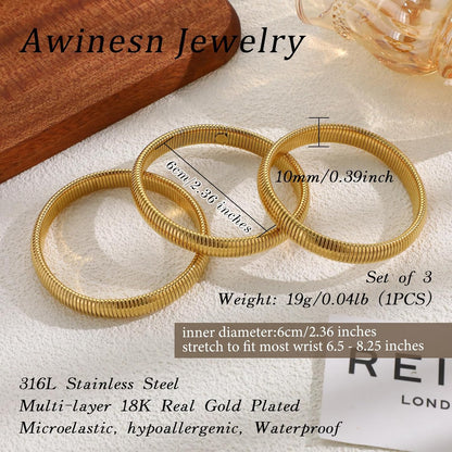 Close-up of tarnish-free gold plated bangle stack on wrist