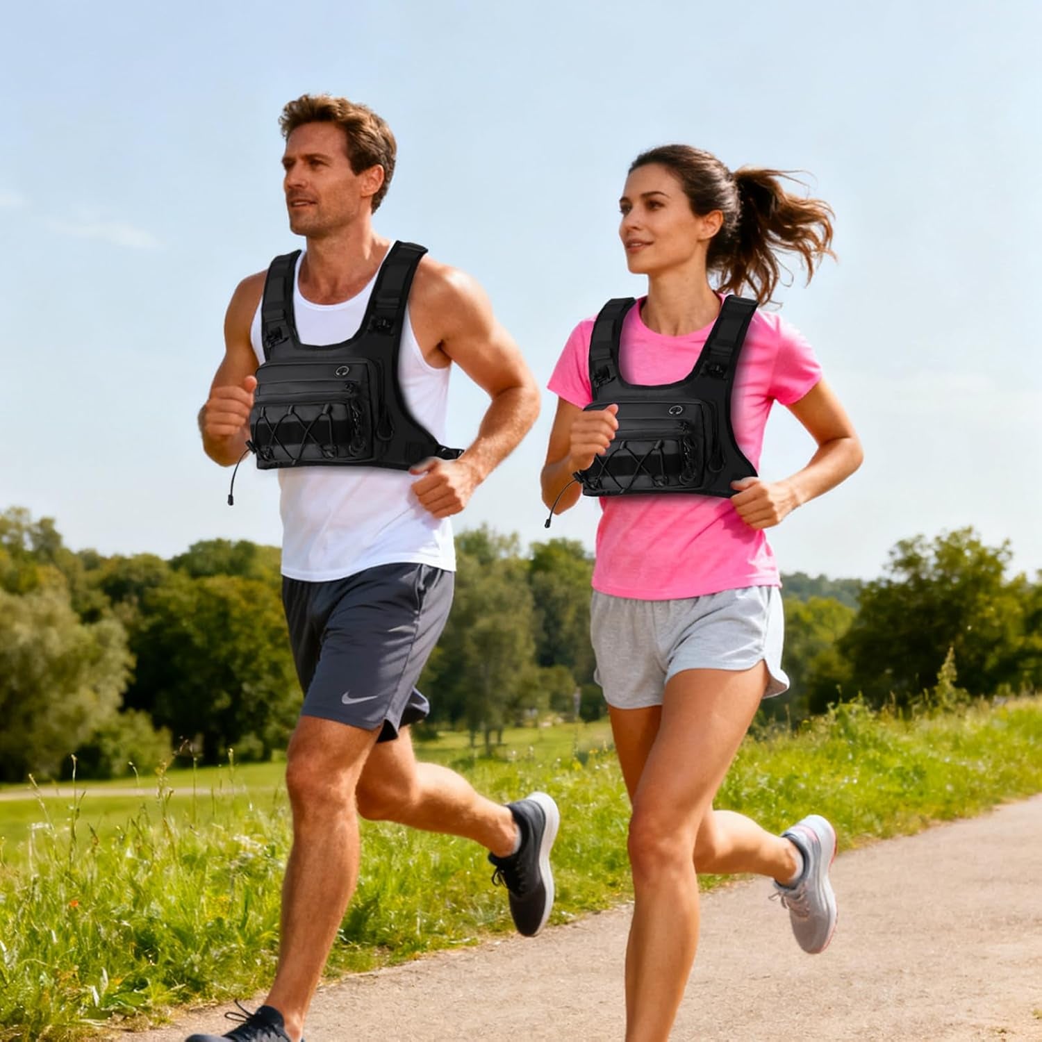 Side profile of woman in fitted breathable running hydration vest for cycling