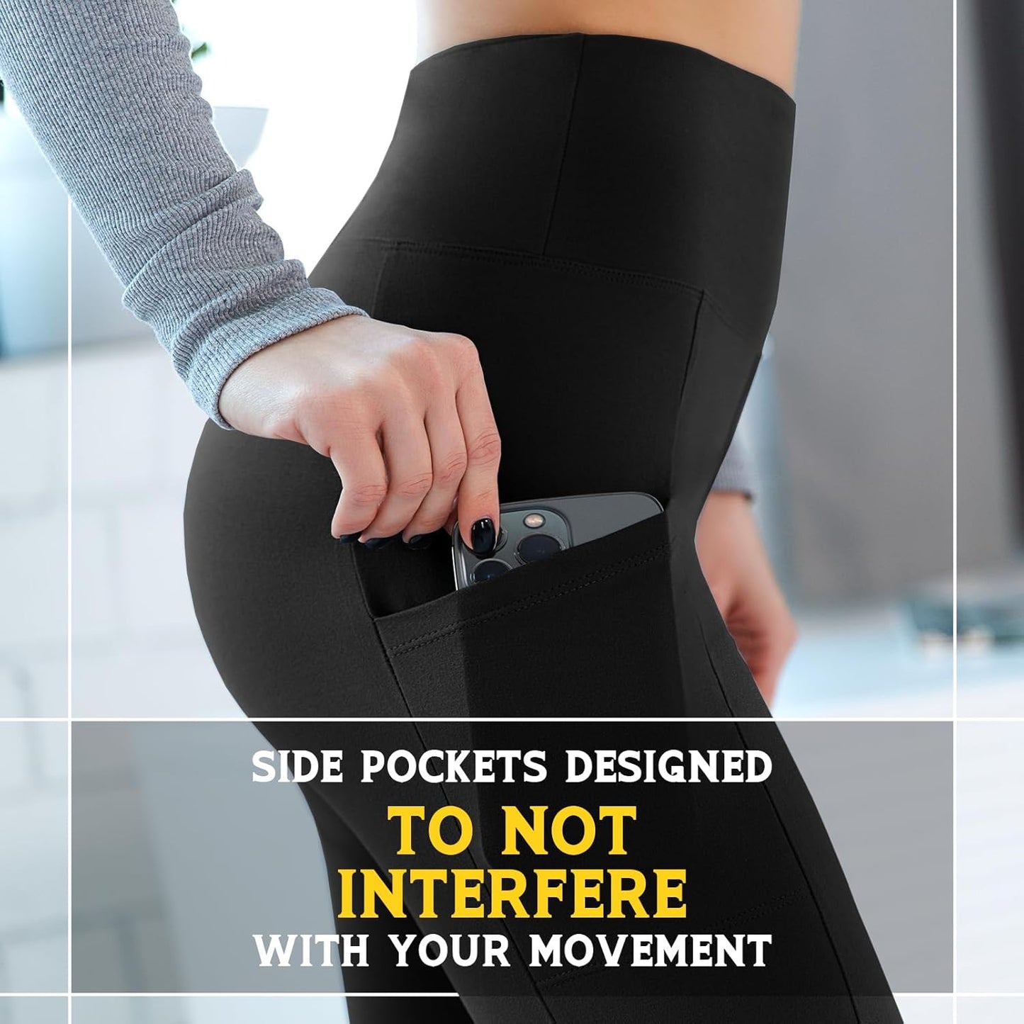 Woman storing phone and keys in leggings side pockets