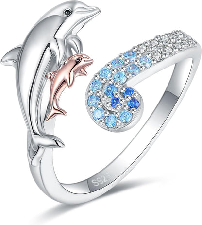 925-Sterling-Silver Opal/Turquoise Sea Turtle/Dolphin/Sea Life Ring - Inspirational I Love You Forever Adjustable Open Nature Ocean Mother Daughter Ring Cute Animal Jewelry Gifts for Women