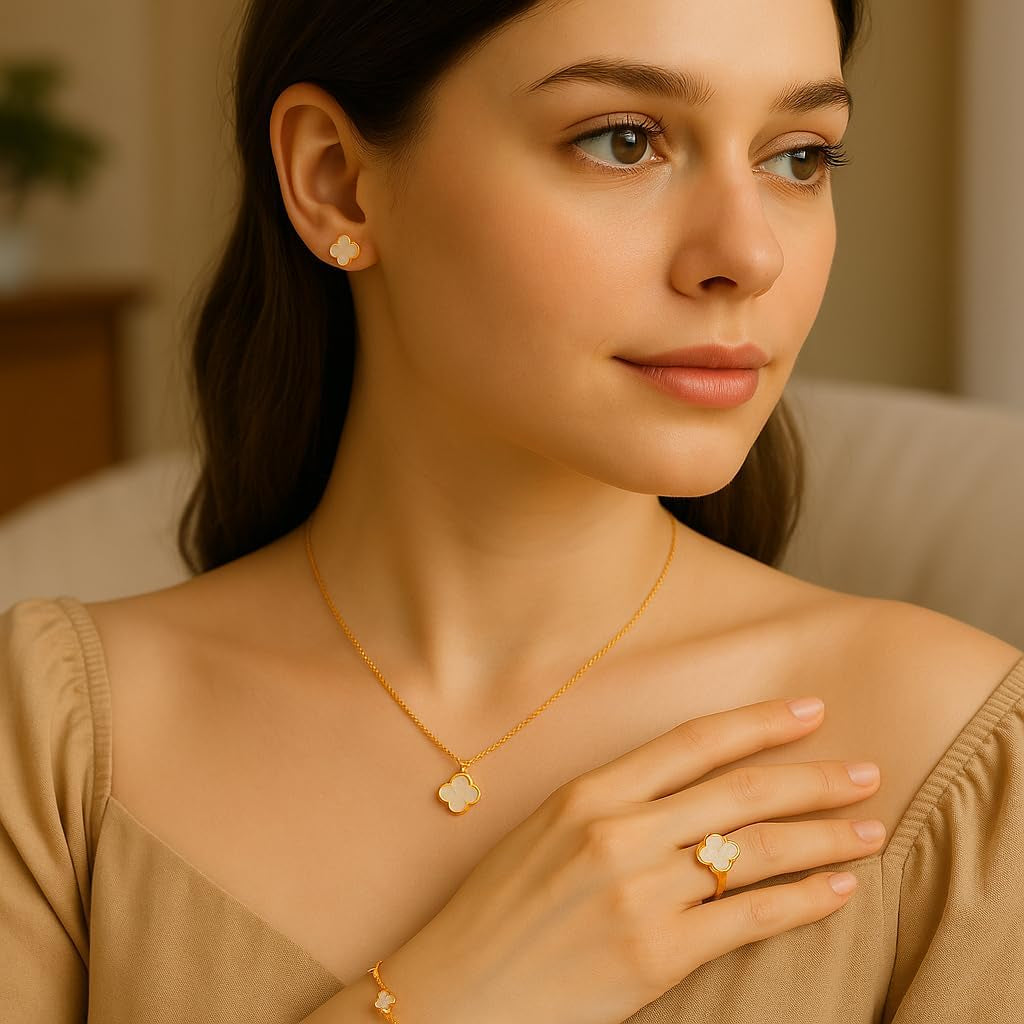 5Pcs Jewelry Set for Women, Lucky Clover Design with Bracelet, Bangle, Necklace, Earrings and Ring, Acrylic Flower Jewelry Gift