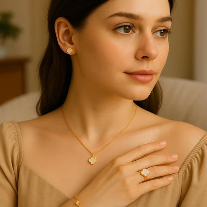 5Pcs Jewelry Set for Women, Lucky Clover Design with Bracelet, Bangle, Necklace, Earrings and Ring, Acrylic Flower Jewelry Gift