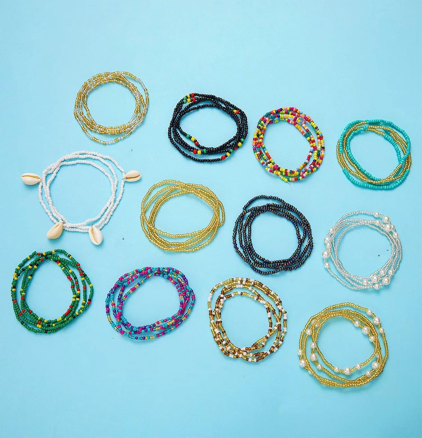 12PCS 24-70 Inches plus Size Waist Beads Chains for Women Handmade African Belly Beads Layered Body Chain Beach Bikini Jewelry