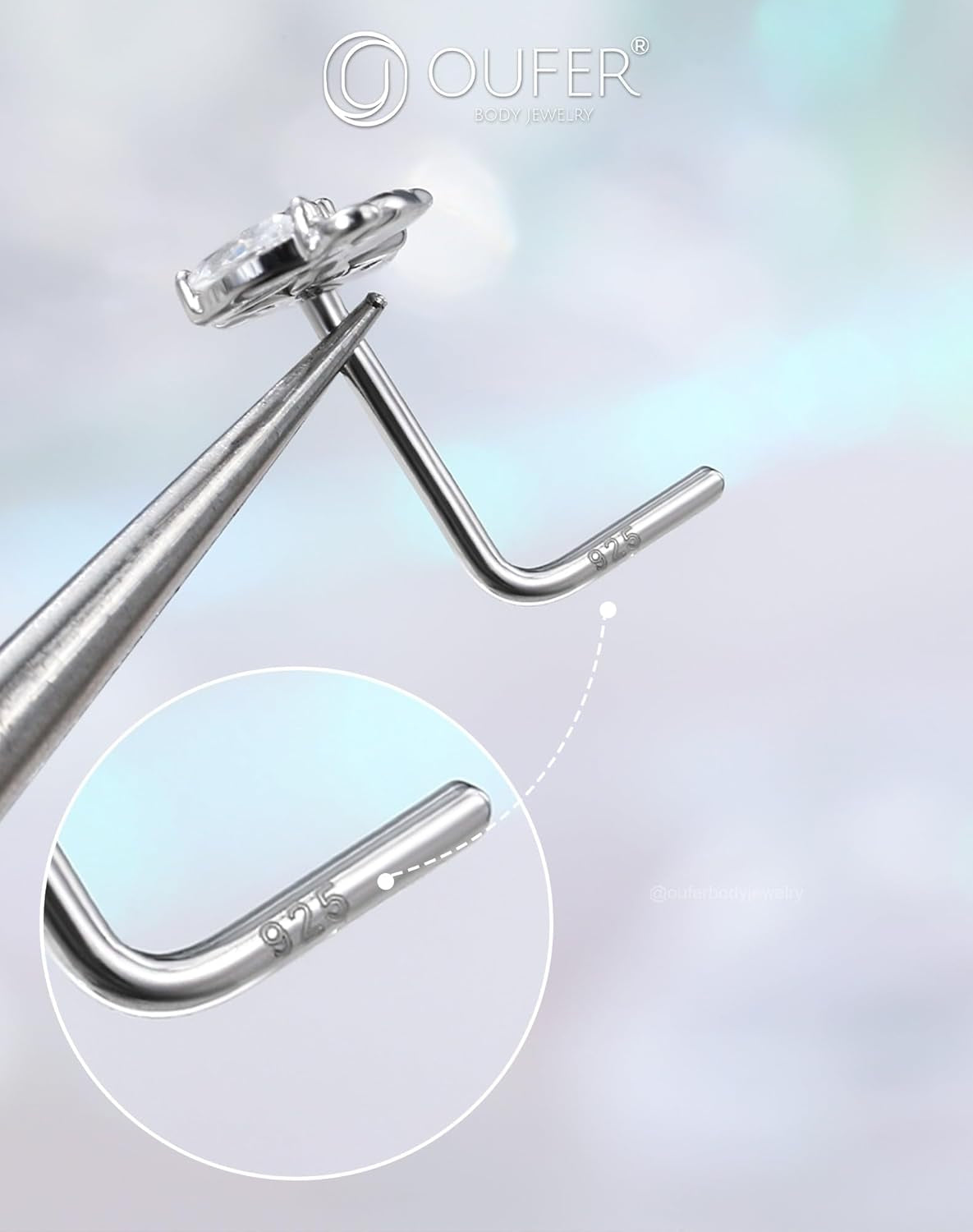 OUFER 925 Sterling Silver Nose Studs, Cute Flower Nose Rings for Women, L-Shaped Pink Clear CZ Nostril Piercing Jewelry-7Mm