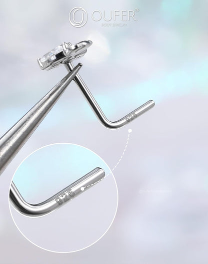 OUFER 925 Sterling Silver Nose Studs, Cute Flower Nose Rings for Women, L-Shaped Pink Clear CZ Nostril Piercing Jewelry-7Mm