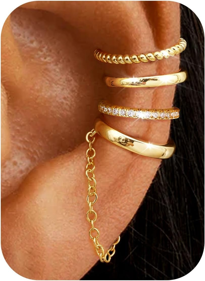 Florideco 4Pcs Ear Cuffs Non-Piercing for Women Dainty 14K Gold Plated Clip on Cartilage Earrings Hypoallergenic Huggie Hoop Cuffs Fake Earings for Non Pierced Ears