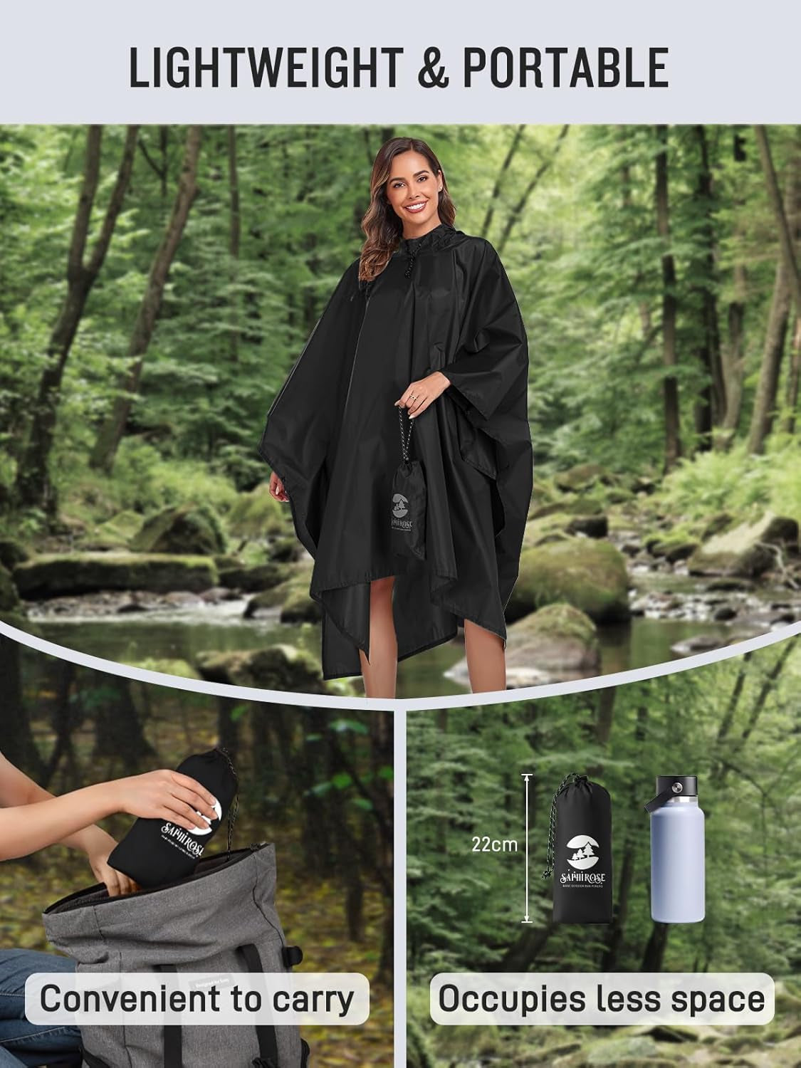 Model demonstrating adjustable design of Saphirose raincoat