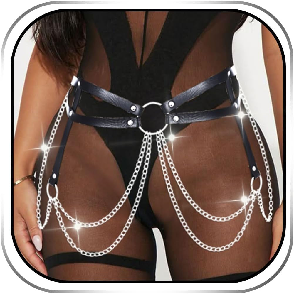 REETAN Rave Waist Chain Belt Punk Black Leather Body Accessories for Women