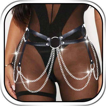 REETAN Rave Waist Chain Belt Punk Black Leather Body Accessories for Women