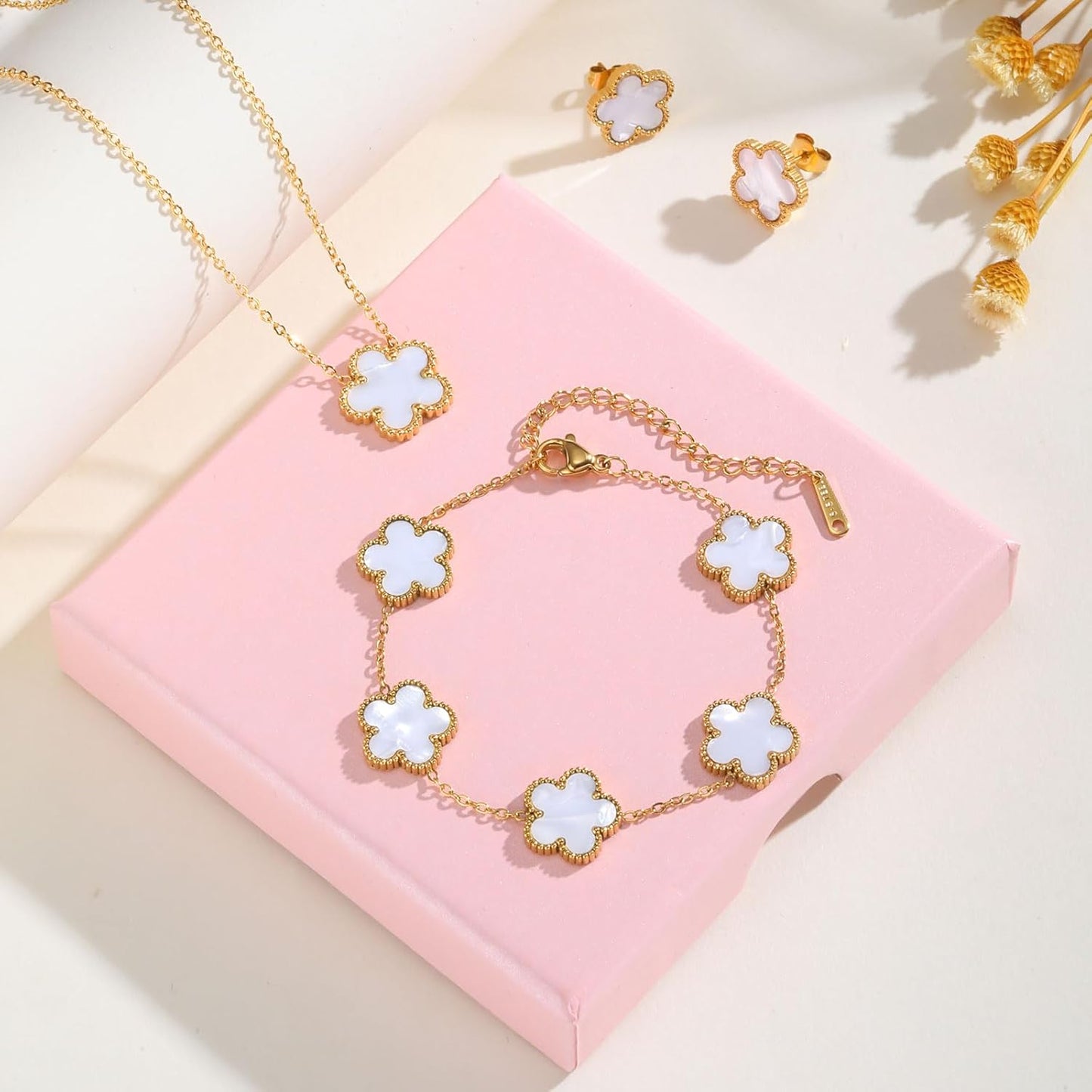 Gold Necklaces Bracelets Earring Set - 18K Gold Plated Flower Bracelet Chain,Stainless Steel Non Tarnish Floral Pendant Stud Jewelry Sets,Christmas Birthday Lucky Gift for Mom Wife Daughter Girlfriend