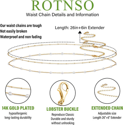 14K Gold Plated Body Chains Dainty Boho Layered Beach Waist Chain Adjustable Bikini Belly Chain Jewelry Accessories for Women Sexy