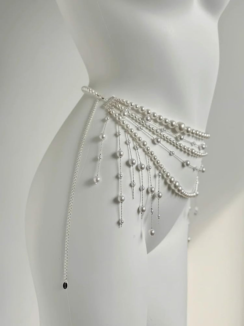 Pearl Tassel Wasit Chain for Women Body Chain Multi-Layer White Pearl Tassel Belly Chain Belts for Women Long Tassel Pendant Layered Pearls Belt for Dresses Wedding Bridal Rave Body Jewelry Accessories