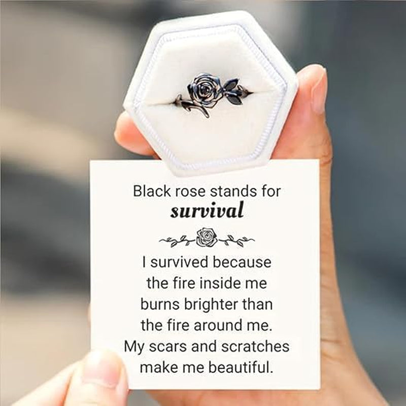Burned and Survived Self-Love Black Rose Ring, Blooming from Darkness Black Rose Rings Love All Parts of Yourself Creative Personalized Therapeutic Gifts Jewelry