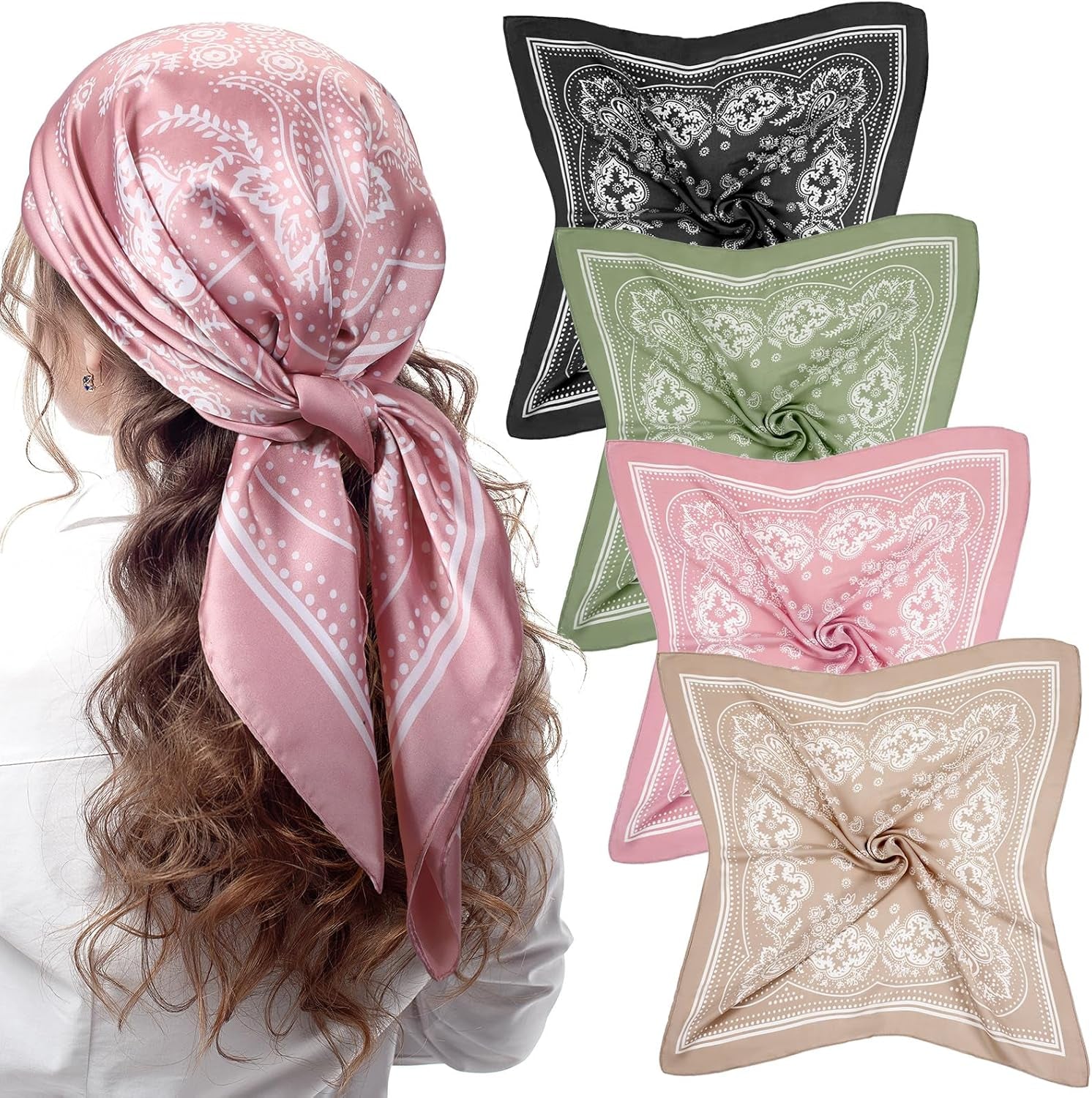 Syhood 4 Pcs 27'' Square Satin Head Scarves Satin Bandanas for Women Halloween Headband Silk Feeling Scarves Boho Headwear
