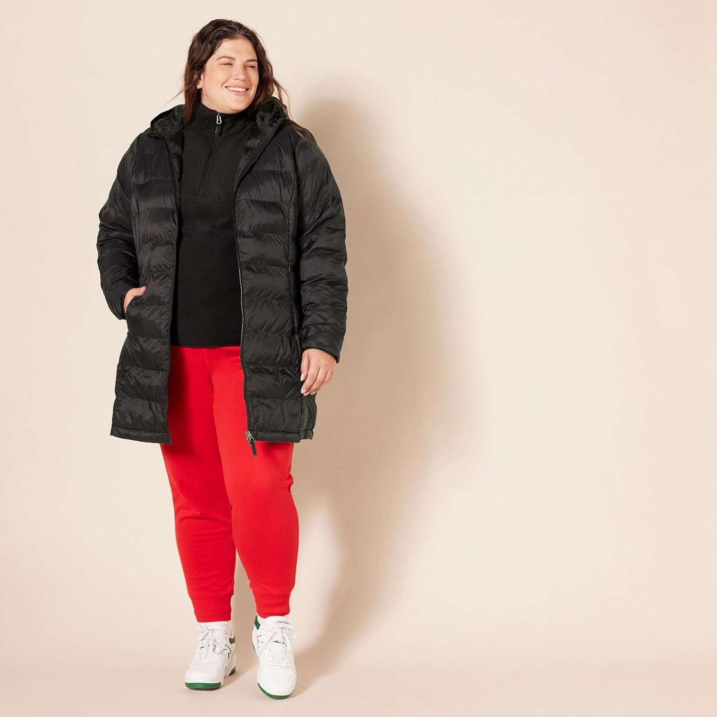 Puffer coat available in plus sizes showing range of fits