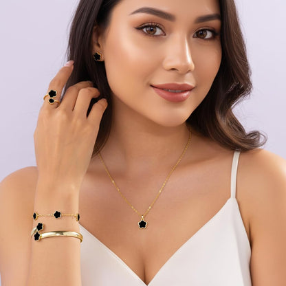Clover Jewelry Set for Women Non Tarnish Gold-Tone Five Leaf Clover Necklace, Earrings, Ring, Bracelet Fashion Simple Floral Jewelry Set