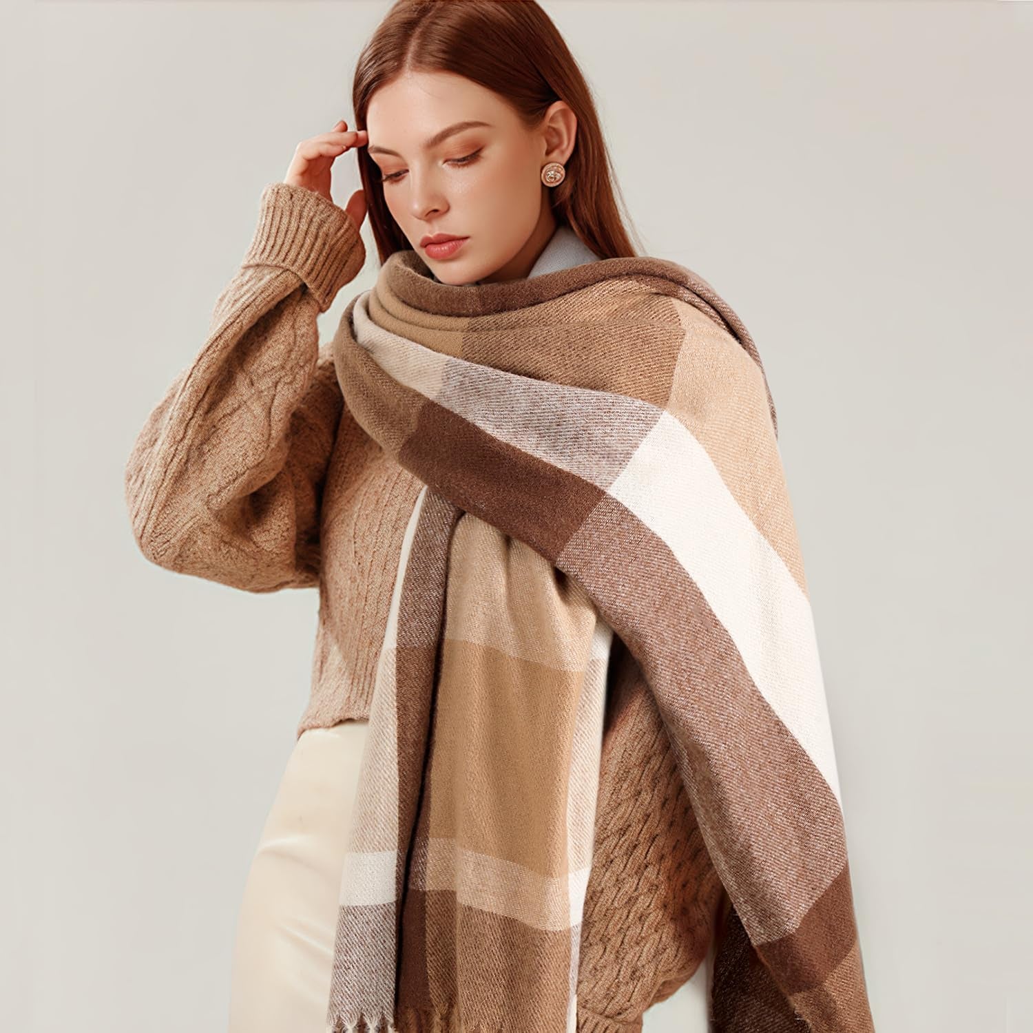 Trifabricy Winter Scarfs for Women, Long Blanket Scarf, Cashmere Feel Plaid Scarf, Winter Pashmina Shawls and Wraps