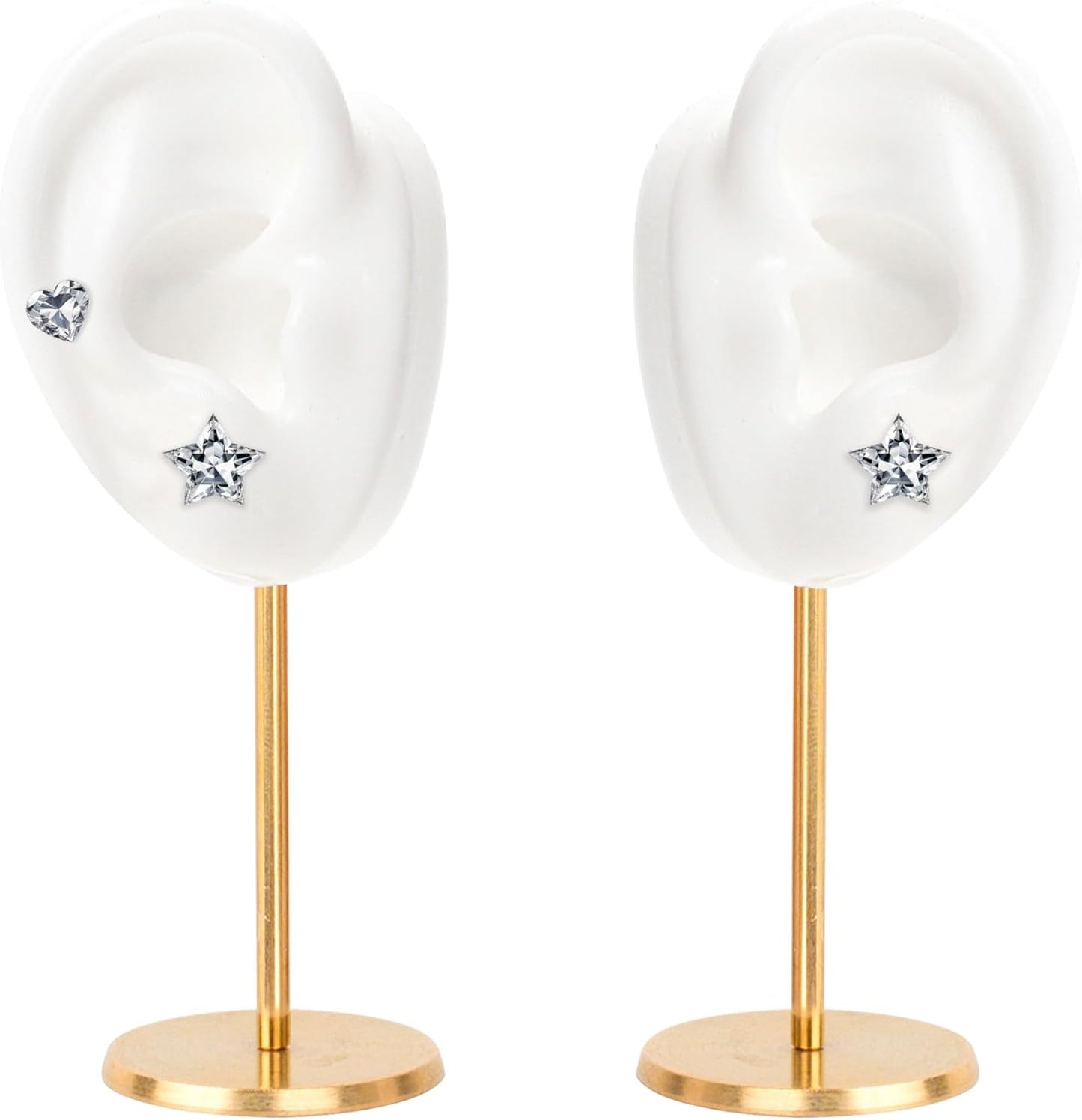 Ear Shaped Earring Display Stand, Piercing Stud Holder, Copper round Base Silicone Body Mannequin Model Organizer, Navel Jewelry Rack for Girl Women Shows Birthday Wedding Decor (Left&Right, White)