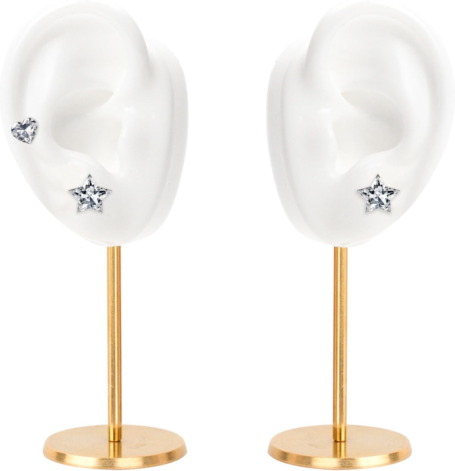 Ear Shaped Earring Display Stand, Piercing Stud Holder, Copper round Base Silicone Body Mannequin Model Organizer, Navel Jewelry Rack for Girl Women Shows Birthday Wedding Decor (Left&Right, White)