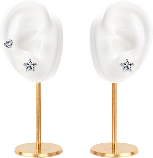 Ear Shaped Earring Display Stand, Piercing Stud Holder, Copper round Base Silicone Body Mannequin Model Organizer, Navel Jewelry Rack for Girl Women Shows Birthday Wedding Decor (Left&Right, White)