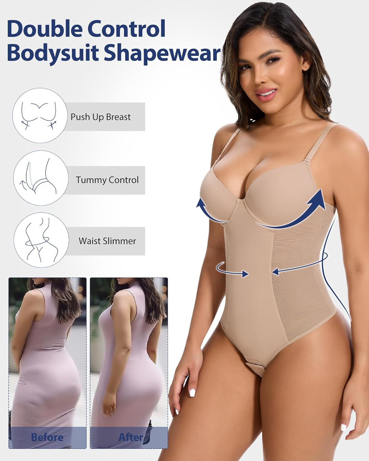 SHAPERIN tummy control bodysuit on model with smooth silhouette