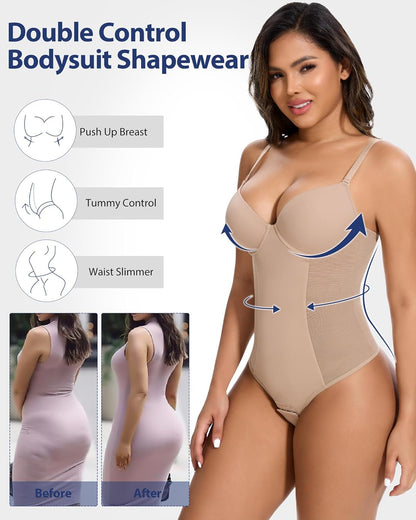 SHAPERIN tummy control bodysuit on model with smooth silhouette