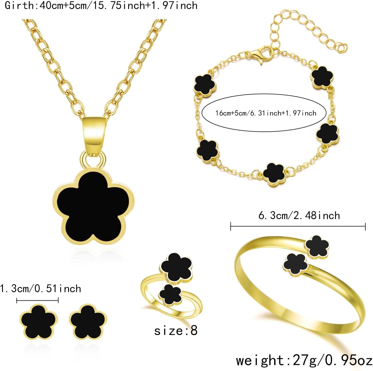 Clover Jewelry Set for Women Non Tarnish Gold-Tone Five Leaf Clover Necklace, Earrings, Ring, Bracelet Fashion Simple Floral Jewelry Set