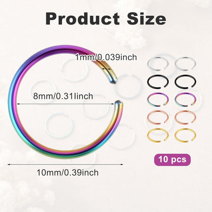 10Pcs Fake Nose Ring Hoop, Stainless Steel Nose Piercings, Fake Septum Ring Non Pierced Lip Rings Jewelry for Women Men