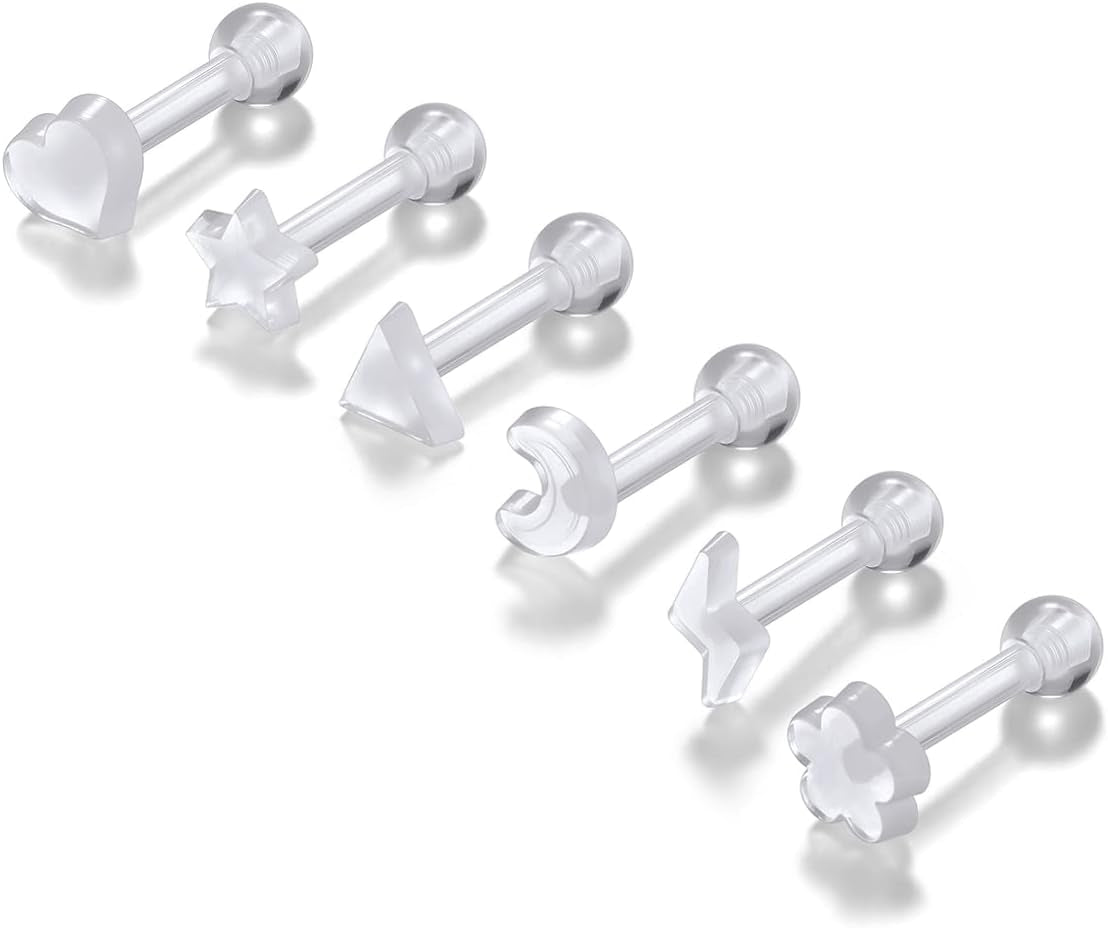 Piercingj Clear Acrylic Cartilage Earrings 16G Plastic Tongue Tragus Ring Cute Heart Star Nose Lip Stud Barbell Black Helix Piercing Retainer for Sports Surgery Work