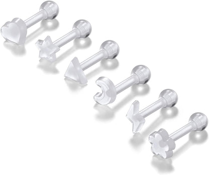 Piercingj Clear Acrylic Cartilage Earrings 16G Plastic Tongue Tragus Ring Cute Heart Star Nose Lip Stud Barbell Black Helix Piercing Retainer for Sports Surgery Work