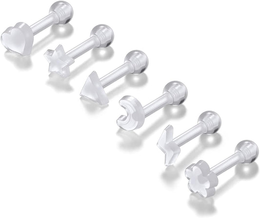Piercingj Clear Acrylic Cartilage Earrings 16G Plastic Tongue Tragus Ring Cute Heart Star Nose Lip Stud Barbell Black Helix Piercing Retainer for Sports Surgery Work