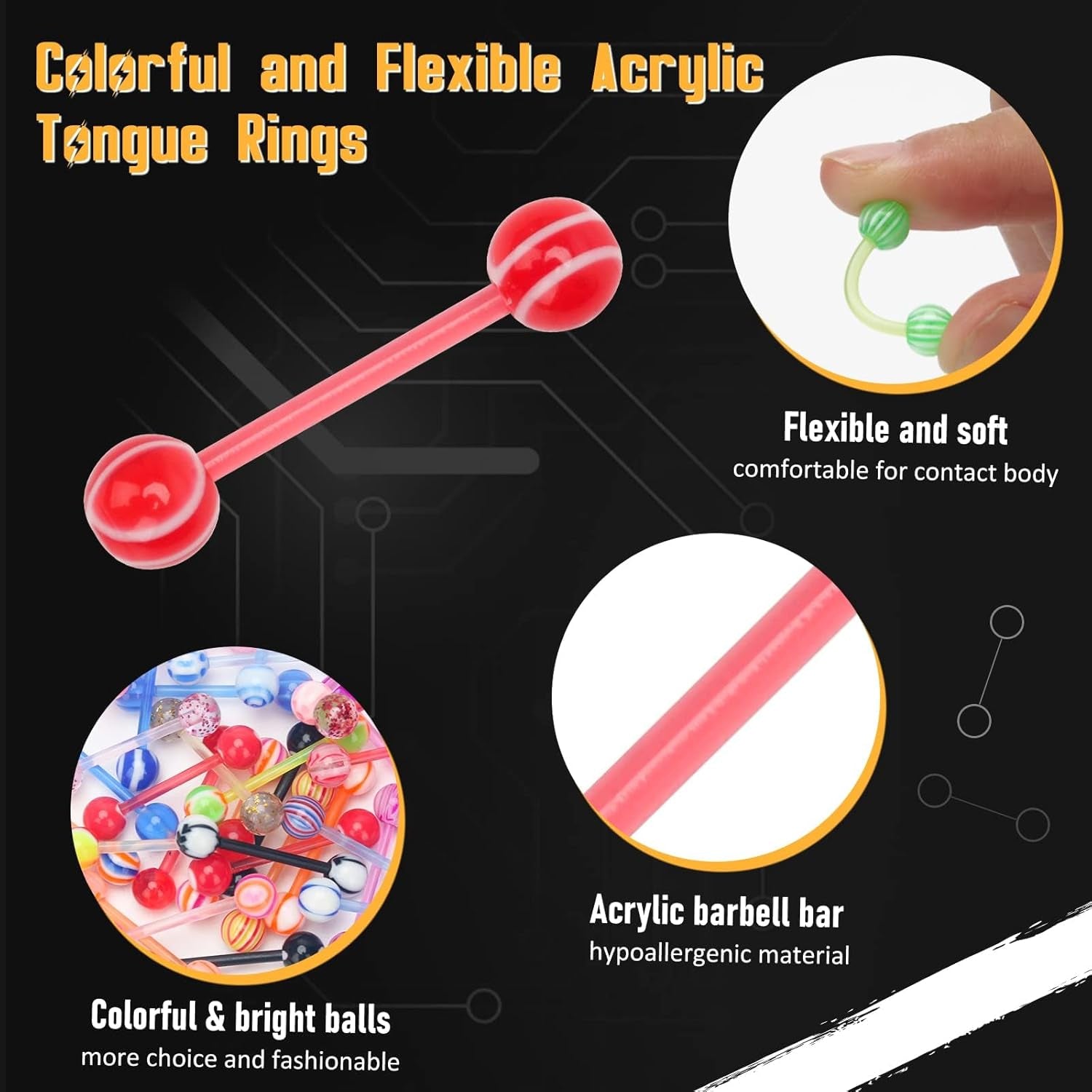 Multi-colored acrylic ball tongue rings 14G stainless steel