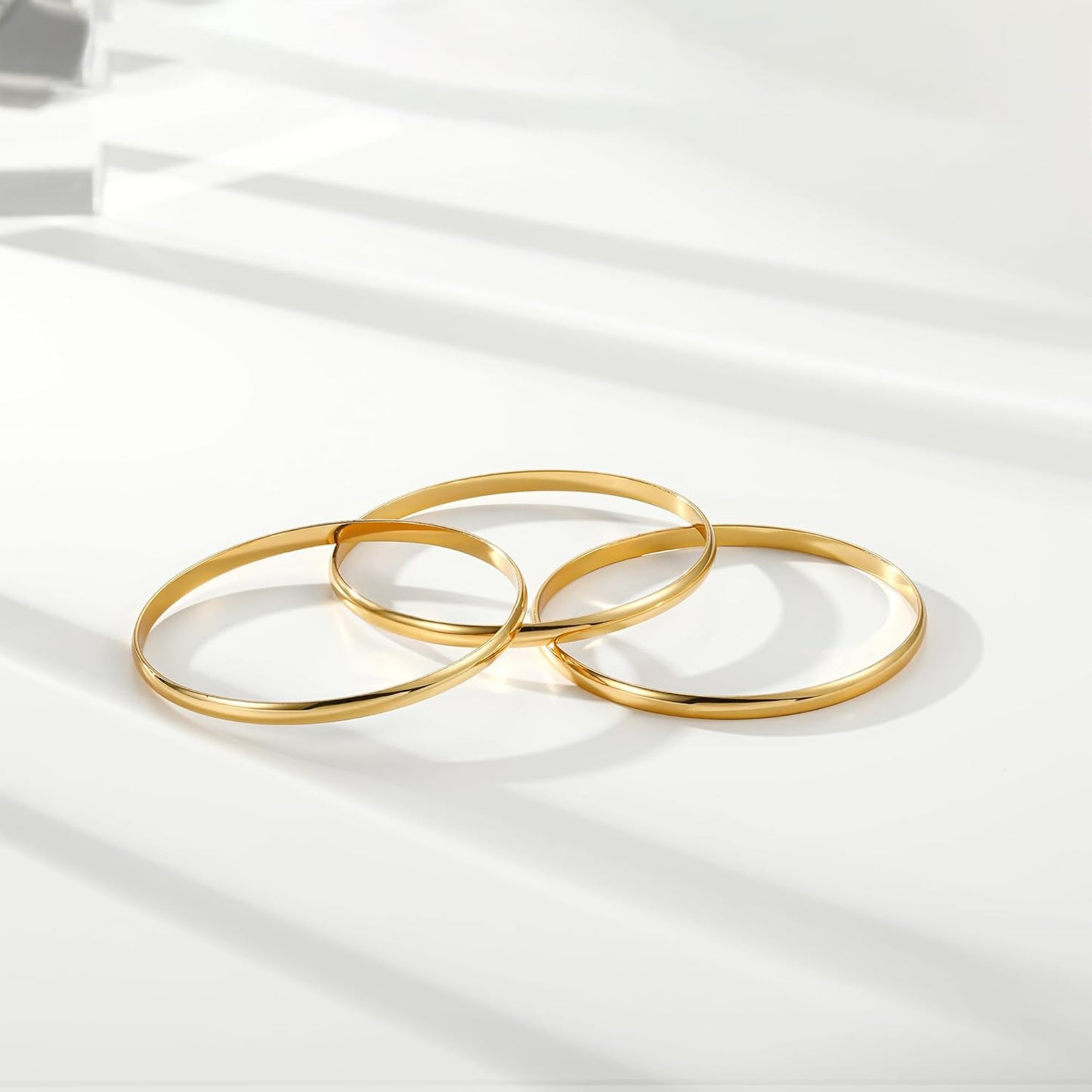 18K Gold Plated Bangles for Women Stainless Steel Glossy Stackable Thin round Bracelets Solid Plain Polished Bangles Bracelets Set of 3 Jewelry for Women