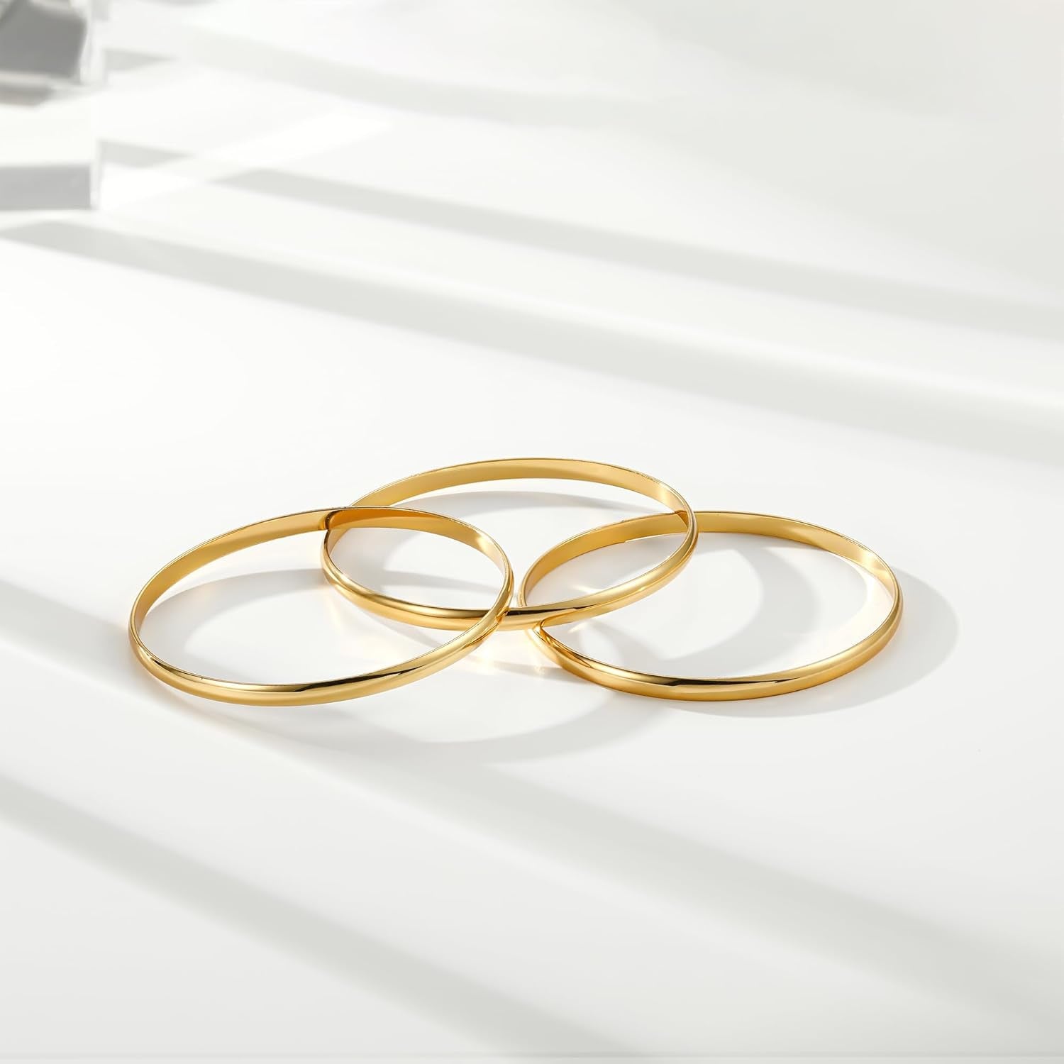 18K Gold Plated Bangles for Women Stainless Steel Glossy Stackable Thin round Bracelets Solid Plain Polished Bangles Bracelets Set of 3 Jewelry for Women